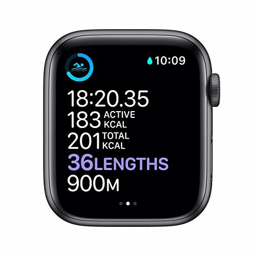 Apple Watch Series 6 displaying fitness tracking data with time, calories, and distance